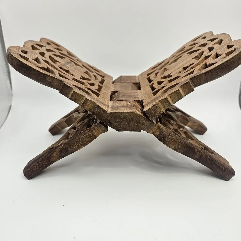 Vintage Shesham Wood Folding Book Stand Hand Carved Made in India Ornate